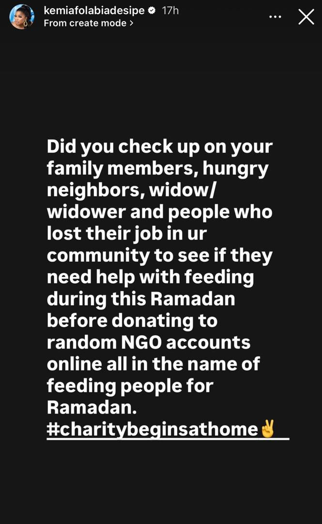 Actress Kemi Afolabi, tackles Muslims who donate money to NGOs feeding random people during Ramadan but havenâ€™t rendered same help to needy members in their family